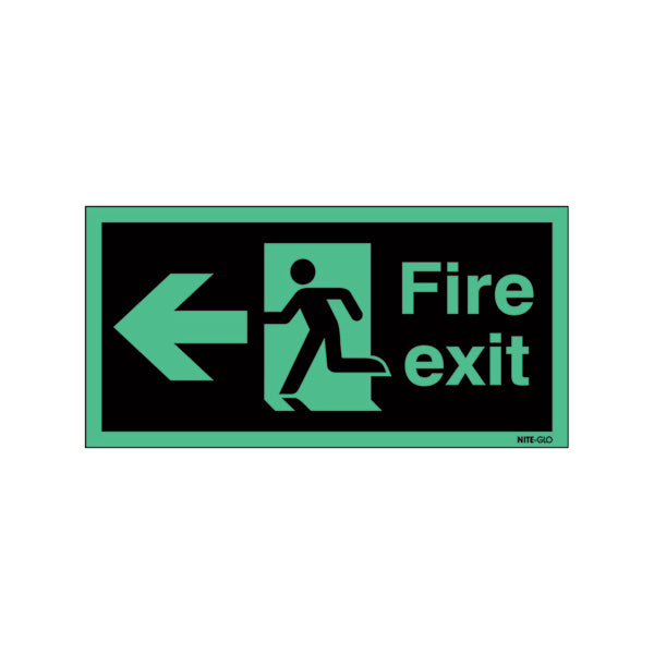 Safety Sign Niteglo Fire Exit Running Man Arrow Left 150x450mm Self-Adhesive NG27A/S