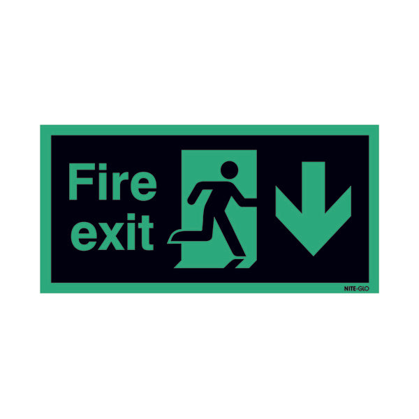 Safety Sign Niteglo Fire Exit Running Man Arrow Down 150x450mm Self-Adhesive NG28A/S