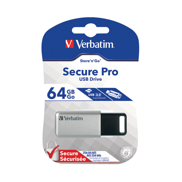 Verbatim Secure Pro USB 3.0 Flash Drive 64GB Silver/Black 98666